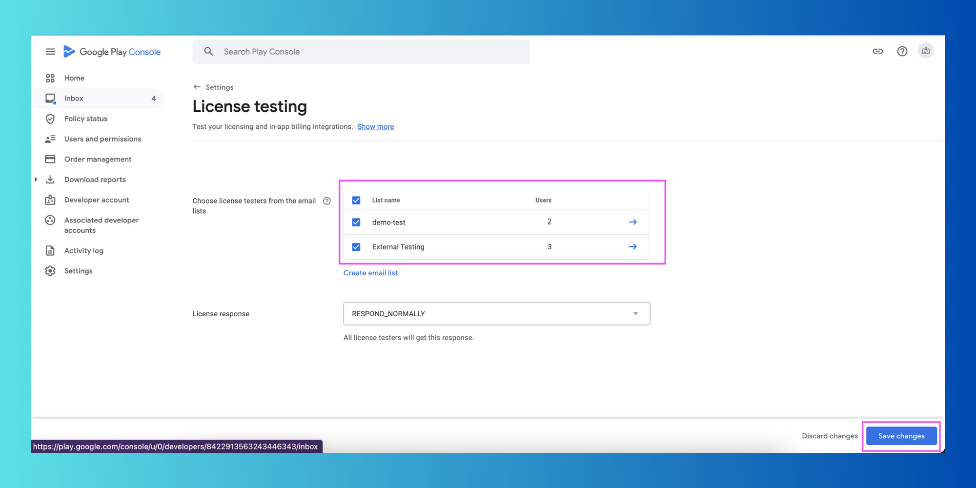 License testers from an email list and save changes